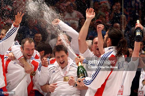 Bertrand Gille of France celebrate with his team mates after winning the Men's Handball European final match between France and Croatia at the...