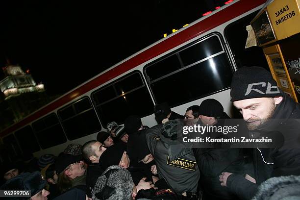 Police officers detain opposition activists during an unauthorized anti-Kremlin protest January 31, 2010 in downtown Moscow, Russia. Several hundred...