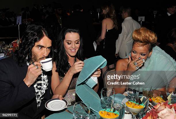 Comedian Russell Brand and singers Katy Perry and Rihanna during the 52nd Annual GRAMMY Awards - Salute To Icons Honoring Doug Morris held at The...