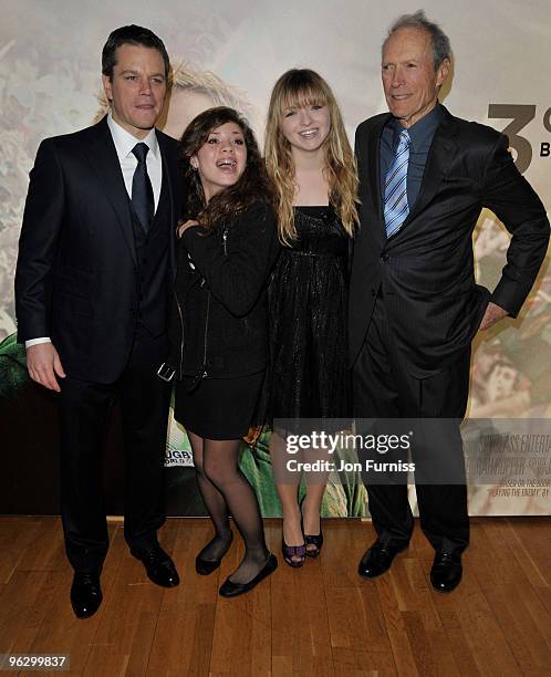 Actor Matt Damon and director Clint Eastwood with his daughters Morgan and Francesca attend the "Invictus" film premiere at the Odeon West End on...
