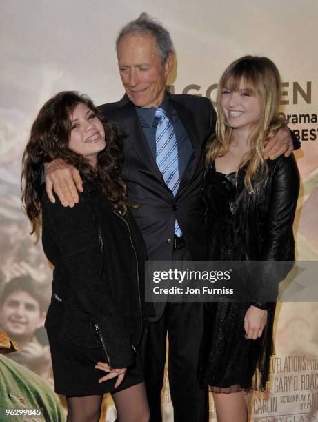 Director Clint Eastwood with his daughters Morgan and Francesca attend the "Invictus" film premiere at the Odeon West End on January 31, 2010 in...