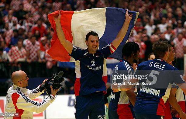 Jerome Fernandez of France celebrates after winning the Men's Handball European final match between France and Croatia at the Stadthalle on January...