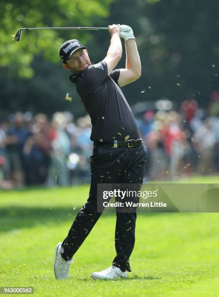 Branden Grace of South Africa plays a shot during day four and the final round of the BMW PGA Championship at Wentworth on May 27, 2018 in Virginia...