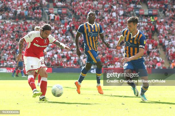 Ryan Williams of Rotherham has a shot during the Sky Bet League One Play Off Semi Final:Second Leg between Rotherham United and Scunthorpe United at...