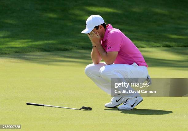 Rory McIlroy of Northern Ireland reacts as his putt for eagle just stays out on the par 5, 18th hole during the final round of the 2018 BMW PGA...