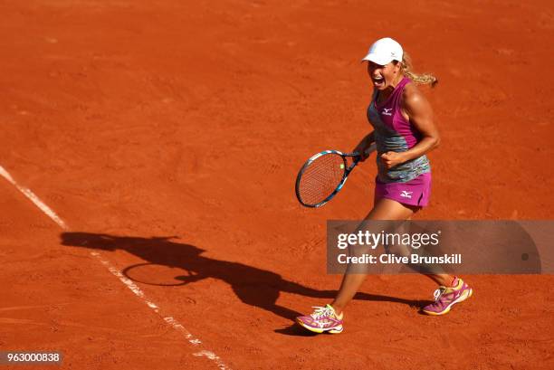 Yulia Putintseva of Kazhakstan celebrates during her ladies singles first round match against Johanna Konta of Great Britain during day one of the...