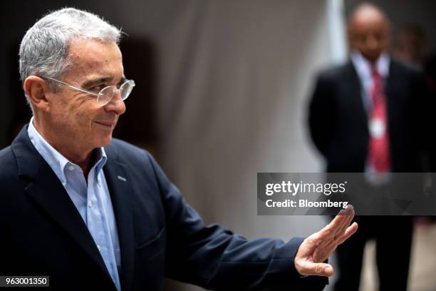 Alvaro Uribe, former president of Colombia, arrives to cast his ballot at the National Congress during presidential elections in Bogota, Colombia, on...