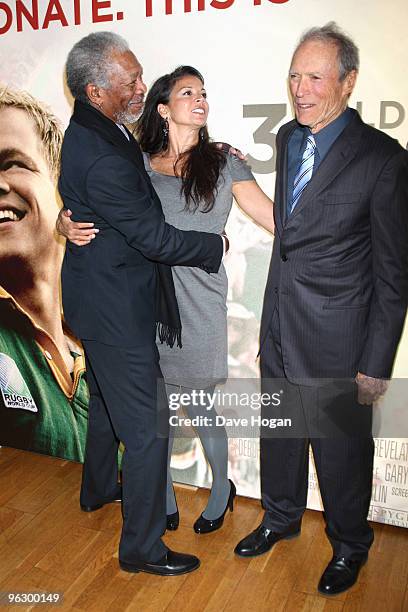 Morgan Freeman, Dina Ruiz and Clint Eastwood attend the UK premiere of Invictus held the at The Odeon West End on January 31, 2010 in London, England.