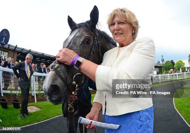 Trainer Jessica Harrington with Alpha Centauri after their win Tattersalls 1000 Guineas during day two of the 2018 Tattersalls Irish Guineas Festival...
