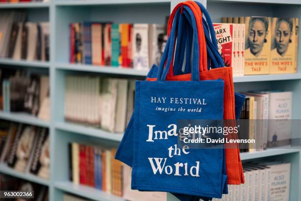Canvas bags in the bookshop, at the Hay Festival on May 27, 2018 in Hay-on-Wye, Wales.