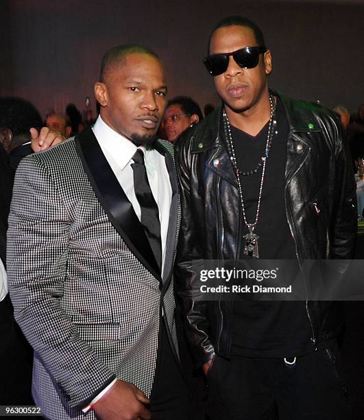 Actor Jamie Foxx and rapper Jay-Z during the 52nd Annual GRAMMY Awards - Salute To Icons Honoring Doug Morris held at The Beverly Hilton Hotel on...