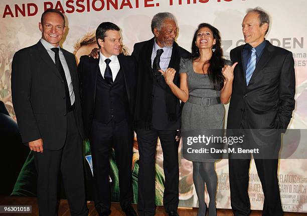 Francois Pienaar, Matt Damon, Morgan Freeman, Dina Ruiz and Clint Eastwood arrive at the UK film premiere of 'Invictus', at Odeon West End on January...