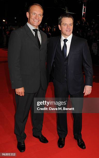 Francois Pienaar and Matt Damon arrive at the UK film premiere of 'Invictus', at Odeon West End on January 31, 2010 in London, England.