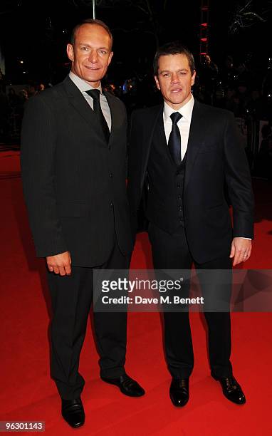 Francois Pienaar and Matt Damon arrive at the UK film premiere of 'Invictus', at Odeon West End on January 31, 2010 in London, England.