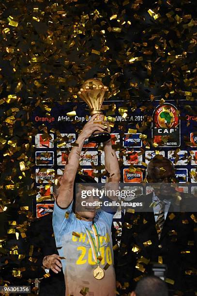 Hassan Ahmed, captain of Egypt celebrates winning the Africa Cup of Nations final match between Ghana and Egypt from Universitaria Stadium on January...