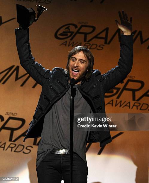 Musician David Guetta accepts the Best Remixed Recording, Non-Classical award onstage during the 52nd Annual GRAMMY Awards pre-telecast show held at...