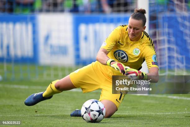 Almuth Schult of Wolfsburg in action during the during the UEFA Womens Champions League Final between VfL Wolfsburg and Olympique Lyonnais on May 24,...