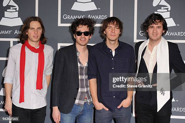 Musicians Deck D'Arcy, Laurent Brancowitz, Thomas Mars and Christian Mazzalai of Phoenix arrive at the 52nd Annual GRAMMY Awards held at Staples...