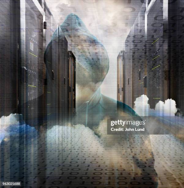 computer servers, hackers and cloud computing security issues - cloud computing security stock pictures, royalty-free photos & images