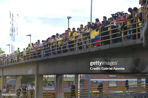 Fans of Colombia arrive to Nemesio Camacho El Campin stadium to watch their team in a training session open to the public as part of the preparation...