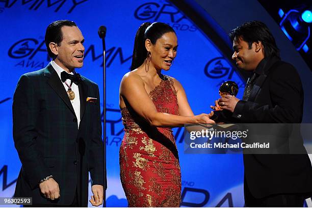 Musicians Kurt Elling and Tia Carrere presnt an award to A.R. Rahman at the 52nd Annual GRAMMY Awards pre-telecast held at Staples Center on January...