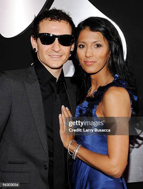 Musician Chester Bennington and wife Talinda Bentley of the band Linkin Park arrive at the 52nd Annual GRAMMY Awards held at Staples Center on...