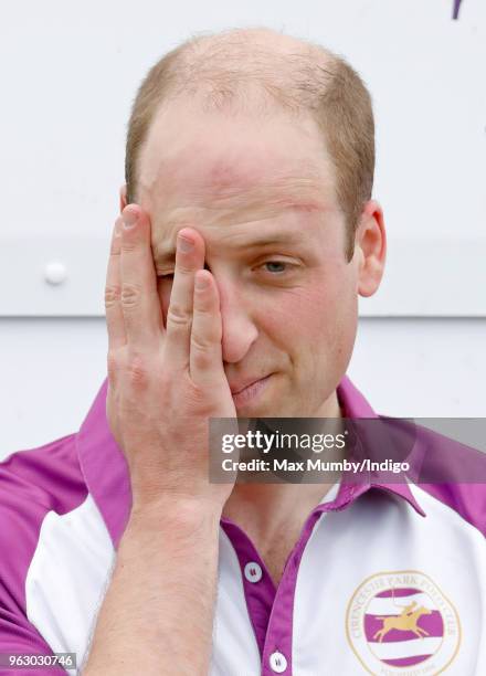 Prince William, Duke of Cambridge attends a prize giving after playing in the Jerudong Trophy charity polo match at Cirencester Park Polo Club on May...