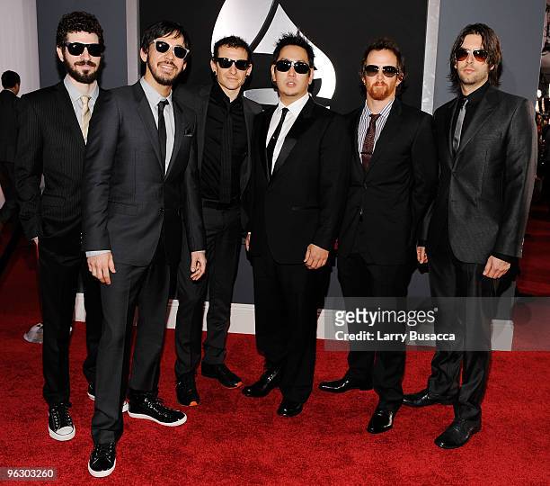 Musicians Brad Delson, Mike Shinoda, Chester Bennington, Joe Hahn David "Phoenix" Farrell and Rob Bourdon of the band Linkin Park arrive at the 52nd...