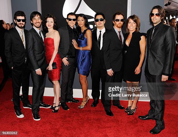 Musicians Brad Delson, Mike Shinoda, Chester Bennington, Joe Hahn David "Phoenix" Farrell and Rob Bourdon of the band Linkin Park and their dates...