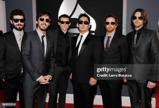 Musicians Brad Delson, Mike Shinoda, Chester Bennington, Joe Hahn David "Phoenix" Farrell and Rob Bourdon of the band Linkin Park arrive at the 52nd...