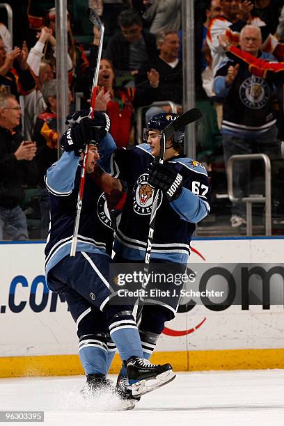 Keith Ballard of the Florida Panthers celebrates his goal with teammate Michael Frolik against the New York Islanders at the BankAtlantic Center on...