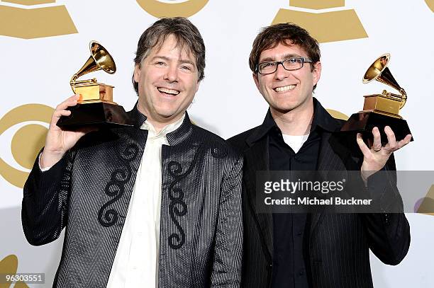 Bela Fleck and Sascha Paladino pose in the press room at the 52nd Annual GRAMMY Awards held at Staples Center on January 31, 2010 in Los Angeles,...