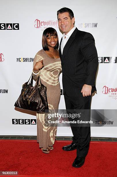 Meda Leacock and Devotion Vodka Founder and President Drew Adelman arrive at the Bryan-Michael Cox and SESAC's 6th Annual Pre-GRAMMY Brunch honoring...