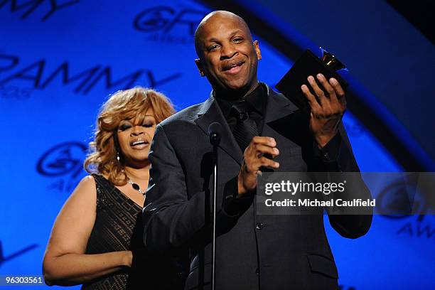 Singers Karen Clark Sheard and Donnie McClurkin accept the Best Gospel Performance award onstage in the 52nd Annual GRAMMY Awards pre-telecast held...