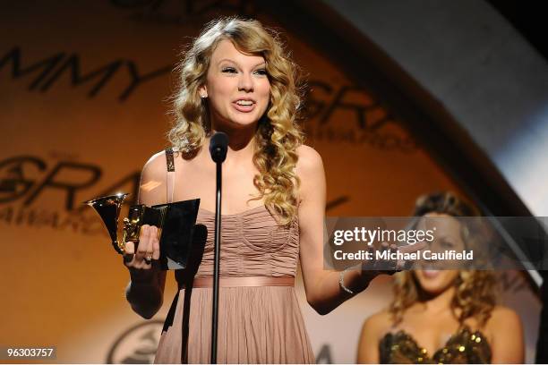 Musician Taylor Swift receives an award at the 52nd Annual GRAMMY Awards pre-telecast held at Staples Center on January 31, 2010 in Los Angeles,...