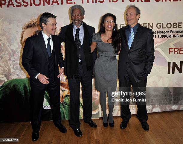 Actor Matt Damon, actor Morgan Freeman, Dina Ruiz and director Clint Eastwood attend the "Invictus" film premiere at the Odeon West End on January...