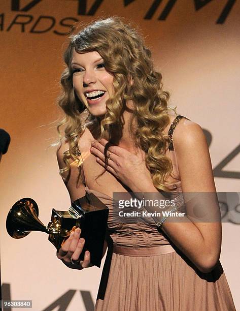 Singer Taylor Swift accepts the Female Country Vocal Performance award onstage during the 52nd Annual GRAMMY Awards pre-telecast show held at Staples...