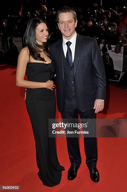 Actor Matt Damon with his wife Luciana Damon attend the "Invictus" film premiere at the Odeon West End on January 31, 2010 in London, England.