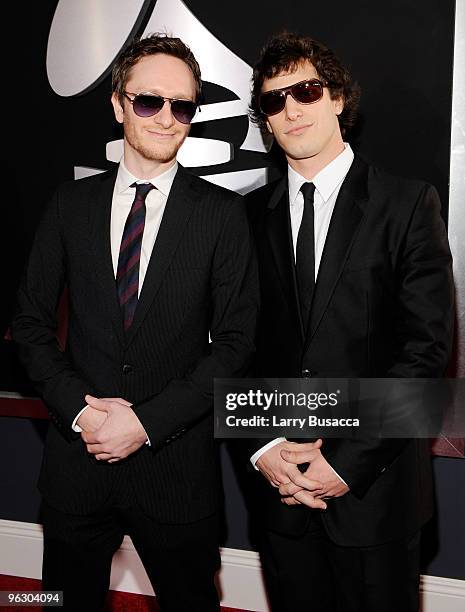 Comedians Jorma Taccone and Andy Samberg arrive at the 52nd Annual GRAMMY Awards held at Staples Center on January 31, 2010 in Los Angeles,...