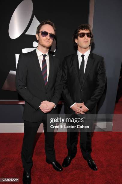Comedians Jorma Taccone and Andy Samberg of The Lonely Island arrive at the 52nd Annual GRAMMY Awards held at Staples Center on January 31, 2010 in...