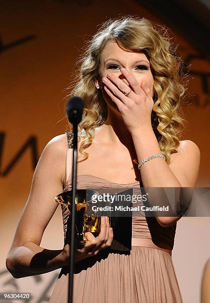 Musician Taylor Swift receives an award at the 52nd Annual GRAMMY Awards pre-telecast held at Staples Center on January 31, 2010 in Los Angeles,...