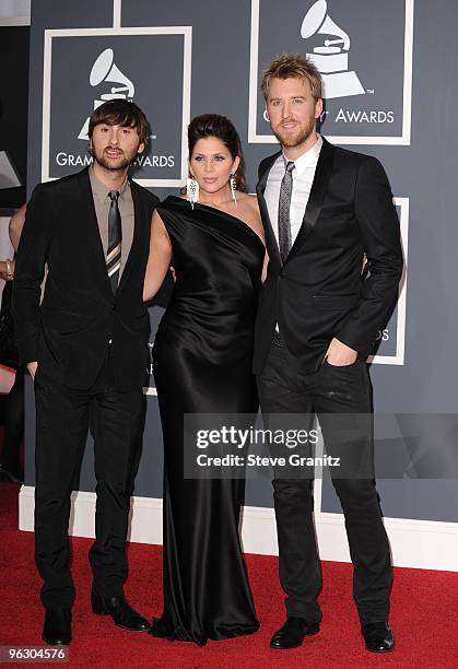 Musicians Dave Haywood, Hillary Scott, and Charles Kelley of Lady Antebellum arrive at the 52nd Annual GRAMMY Awards held at Staples Center on...