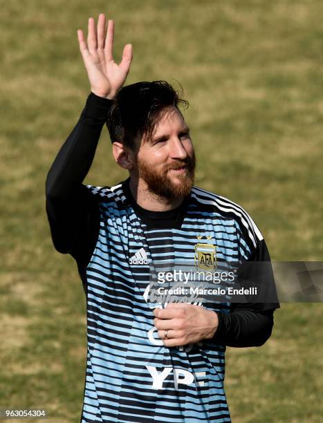Lionel Messi of Argentina greets the fans during a training session open to the public as part of the team preparation for FIFA World Cup Russia 2018...