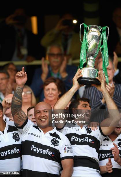 The Barbarians captain Juan Martin Fernandez Lobbe lifts the trophy after the Quilter match between England and Barbarians at Twickenham Stadium on...