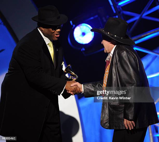 Jimmy Jam presents musician Ramblin Jack Elliott with the Best Traditional Blues Album award onstage during the 52nd Annual GRAMMY Awards...