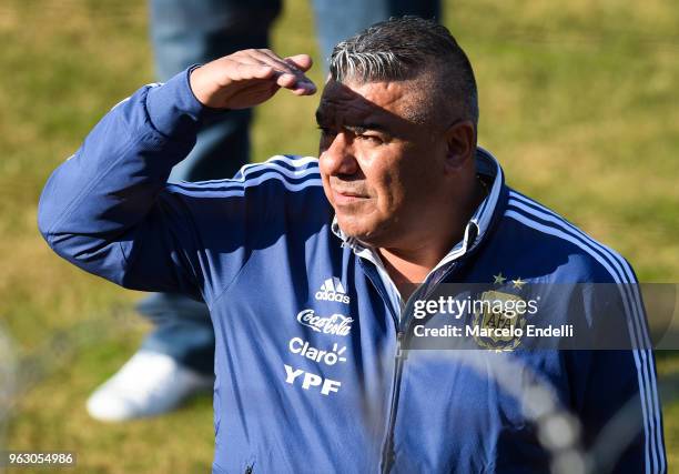 Claudio Tapia President of the Argentine Football Association looks on during a training session open to the public as part of the team preparation...