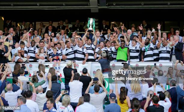 Juan Martin Fernandez Lobbe of Barbarians lifts the trophy after winning the Quilter Cup match between England and Barbarians at Twickenham Stadium...