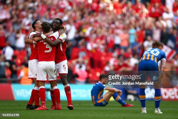 Rotherham celebrate victory after the Sky Bet League One Play Off Final between Rotherham United and Shrewsbury Town at Wembley Stadium on May 27,...