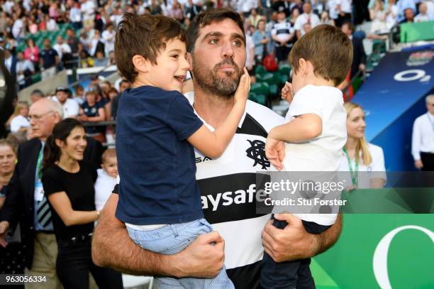 Juan Martin Fernandez Lobbe of Barbarians looks on with family after his final match following the Quilter Cup match between England and Barbarians...