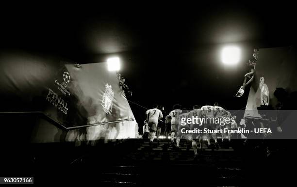 The players of Real Madrid walk up the player tunnel steps during UEFA Champions League Final match between Real Madrid and Liverpool during the UEFA...